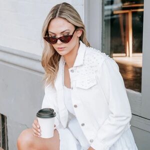 Pearl-Embellished White Denim Jacket - size L